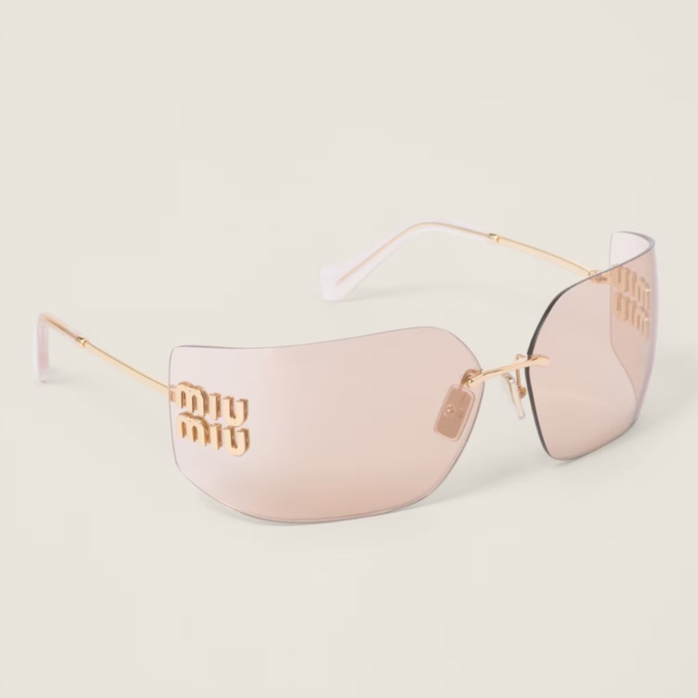 Miu Miu Rimless Shield Sunglasses in Blush Pink with Gold Hardware